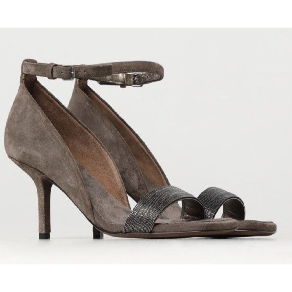 BRUNELLO CUCINELLI WOMEN'S BROWN SUEDE SANDLE OPEN TOE ANKLE STRAP HEELS SZ 38.5